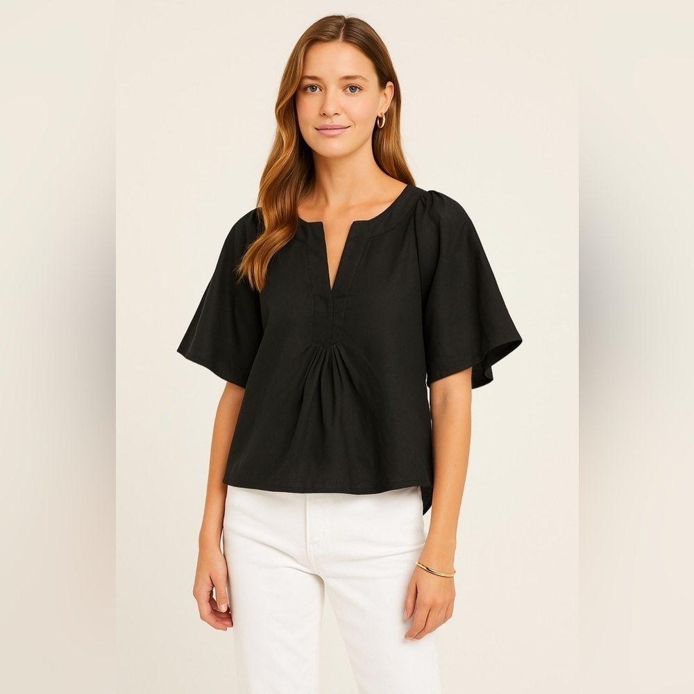 EUC Pomander Place (sold-Tuckernuck) Black Flutter Sleeve Cotton Boho Blouse SzS